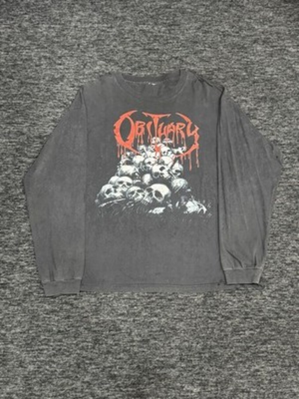 Vintage Obituary Pile of Skulls Cause of Death Black Long Sleeve Shirt 90s SZ XL